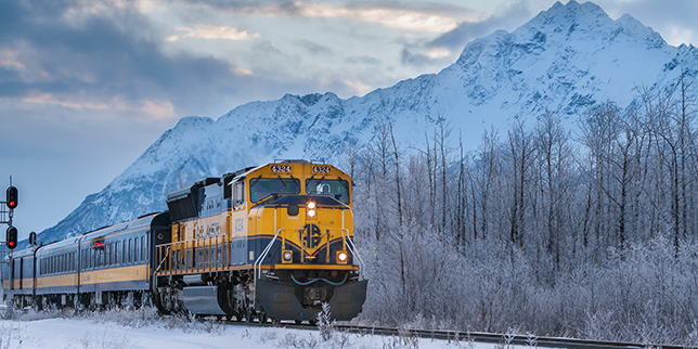 Aurora Winter Train returning to Anchorage Alaska.