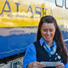 Alaska Railroad host guide at train depot. 