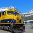 Glacier Discovery train in front of Whittier cruise terminal.